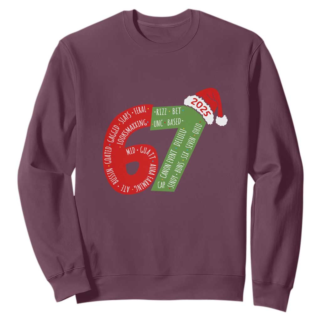 Funny 67 Christmas Sweatshirt Rizz Aura Farming Bussin Six Seven Meme Gen Alpha TS11 Maroon Print Your Wear