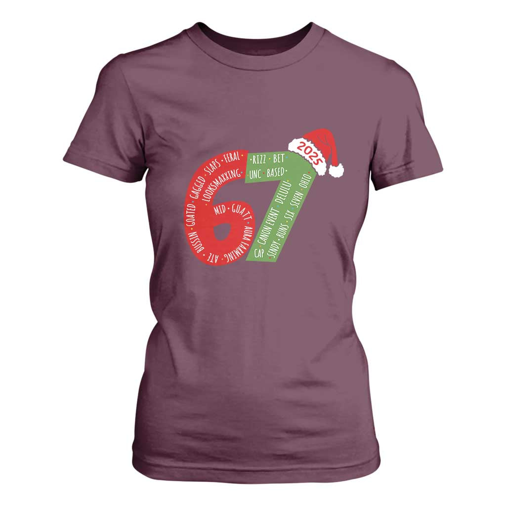 Funny 67 Christmas T Shirt For Women Rizz Aura Farming Bussin Six Seven Meme Gen Alpha TS11 Maroon Print Your Wear