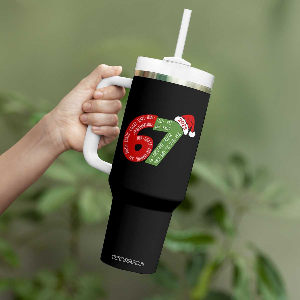 Funny 67 Christmas Tumbler With Handle Rizz Aura Farming Bussin Six Seven Meme Gen Alpha TS11 Print Your Wear