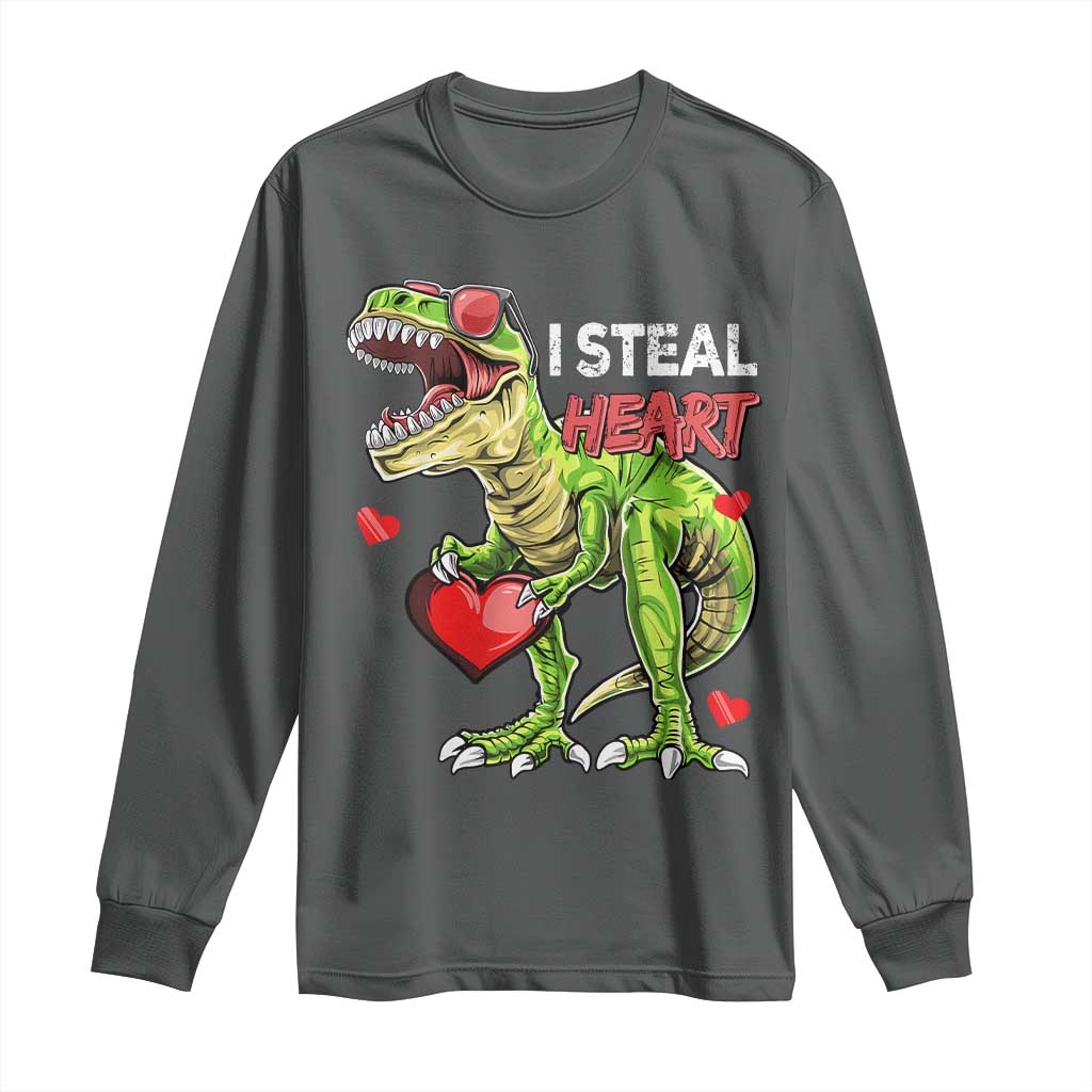 Funny Dinosaur Valentine's Day I Steal Heart Long Sleeve Shirt TS11 Dark Heather Print Your Wear