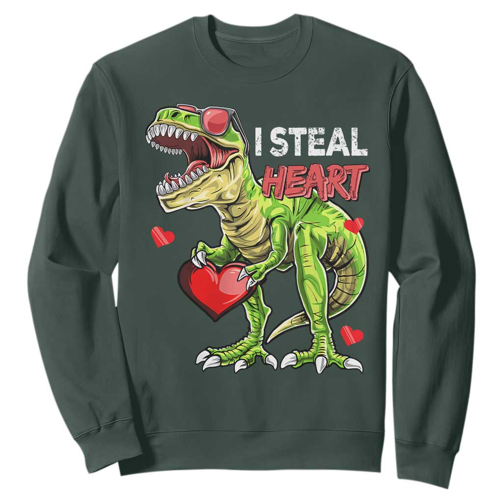 Funny Dinosaur Valentine's Day I Steal Heart Sweatshirt TS11 Dark Forest Green Print Your Wear