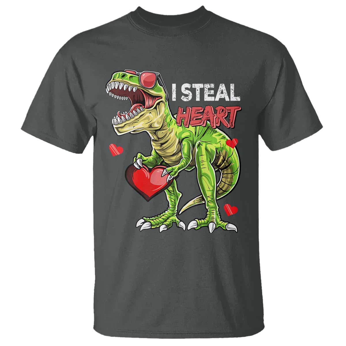 Funny Dinosaur Valentine's Day I Steal Heart T Shirt TS11 Dark Heather Print Your Wear