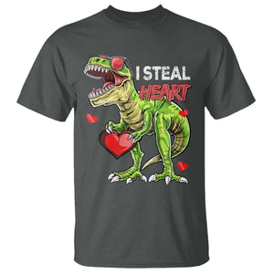 Funny Dinosaur Valentine's Day I Steal Heart T Shirt TS11 Dark Heather Print Your Wear
