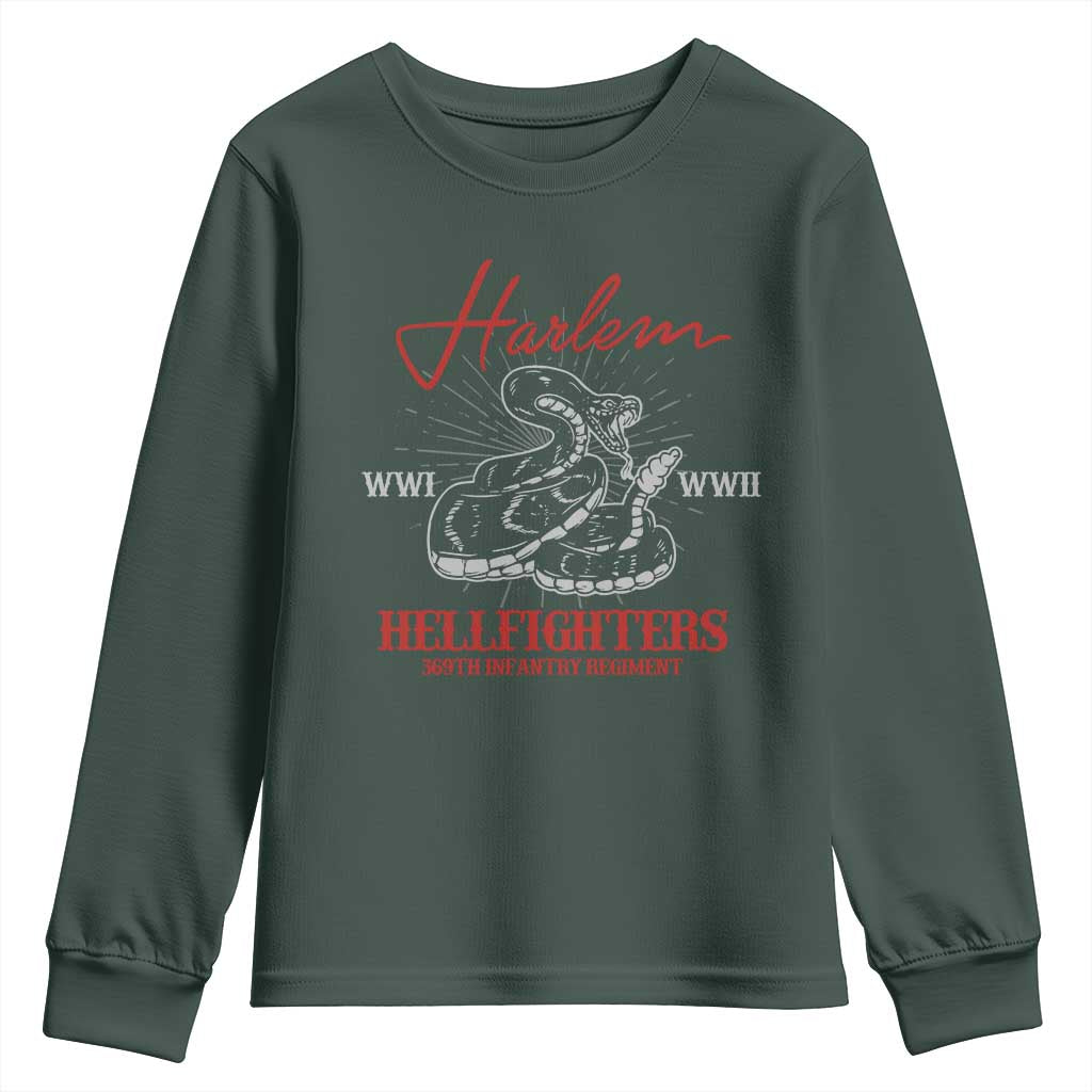 Harlem Hellfighters Youth Sweatshirt 369th Infantry Regiment Black Snake Black History Month TS11 Dark Forest Green Print Your Wear
