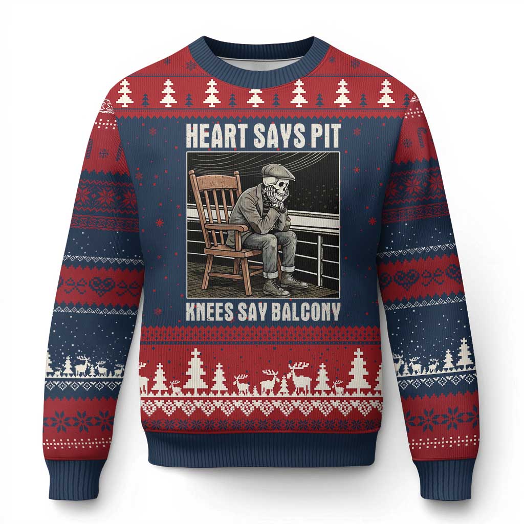Funny Heart Says Pit Knees Say Balcony Ugly Christmas Sweater Old Skeleton TS11 Navy Red Print Your Wear