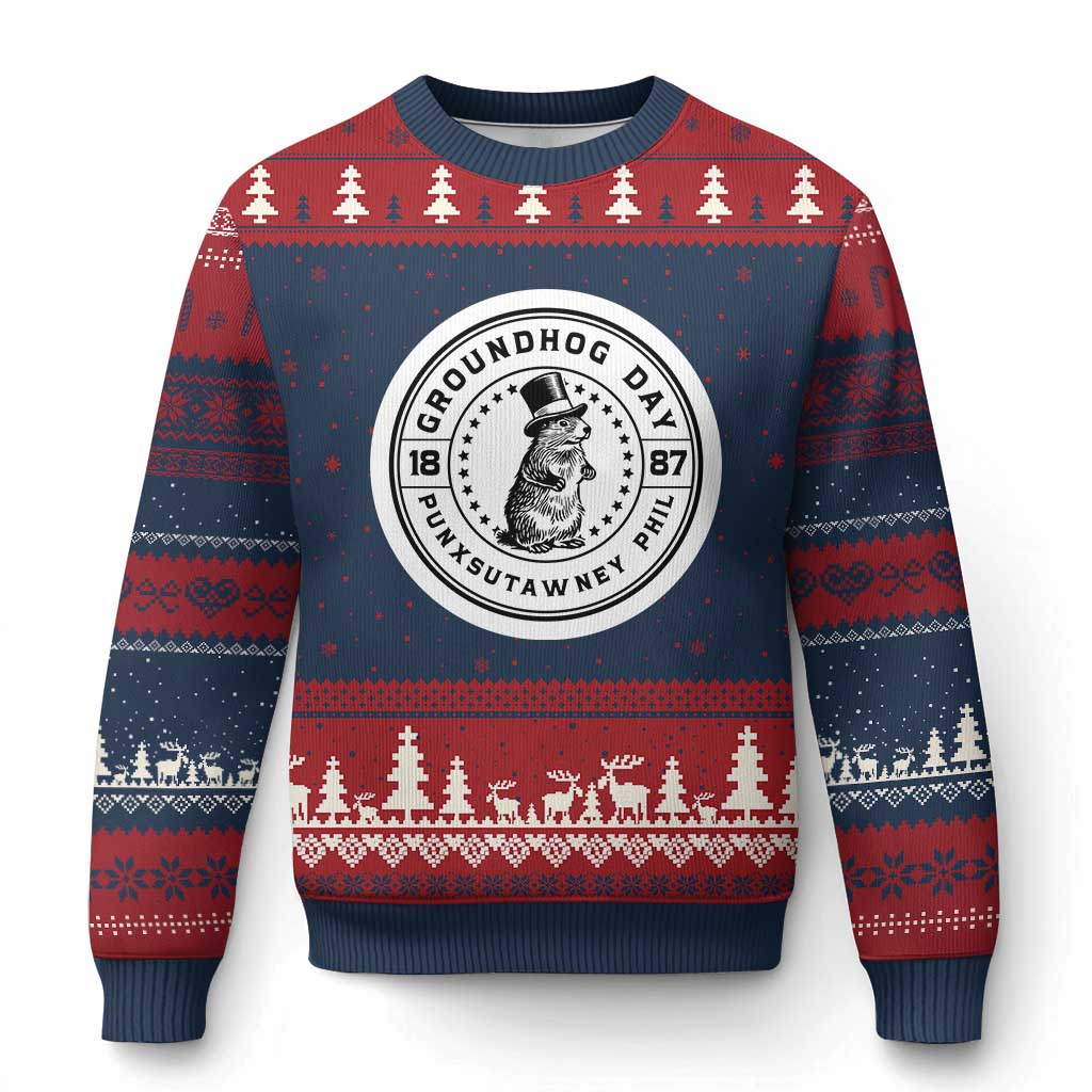Punxsutawney Phil Groundhog Day Ugly Christmas Sweater Funny Woodchuck Day 1887 TS11 Navy Red Print Your Wear