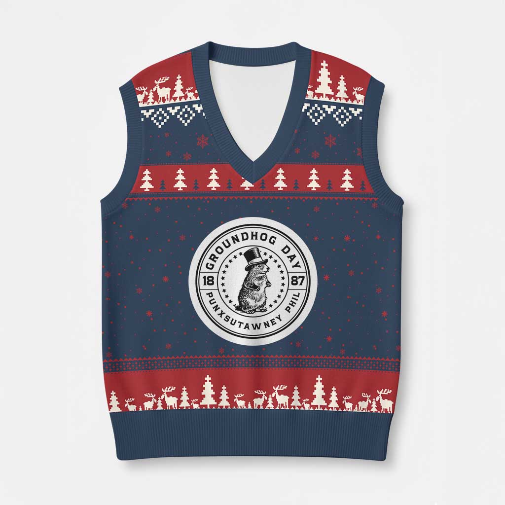 Punxsutawney Phil Groundhog Day V-Neck Knit Sweater Vest Funny Woodchuck Day 1887 TS11 Navy Red Print Your Wear