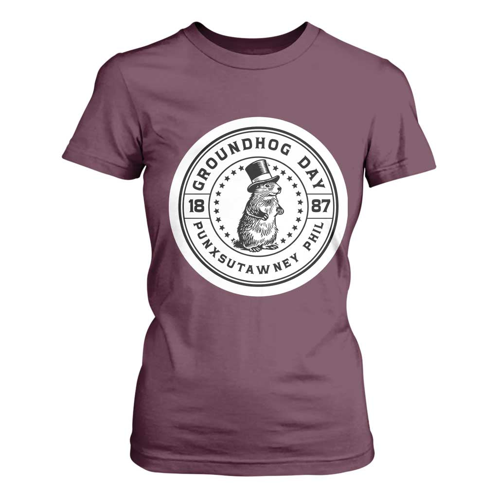 Punxsutawney Phil Groundhog Day T Shirt For Women Funny Woodchuck Day 1887 TS11 Maroon Print Your Wear