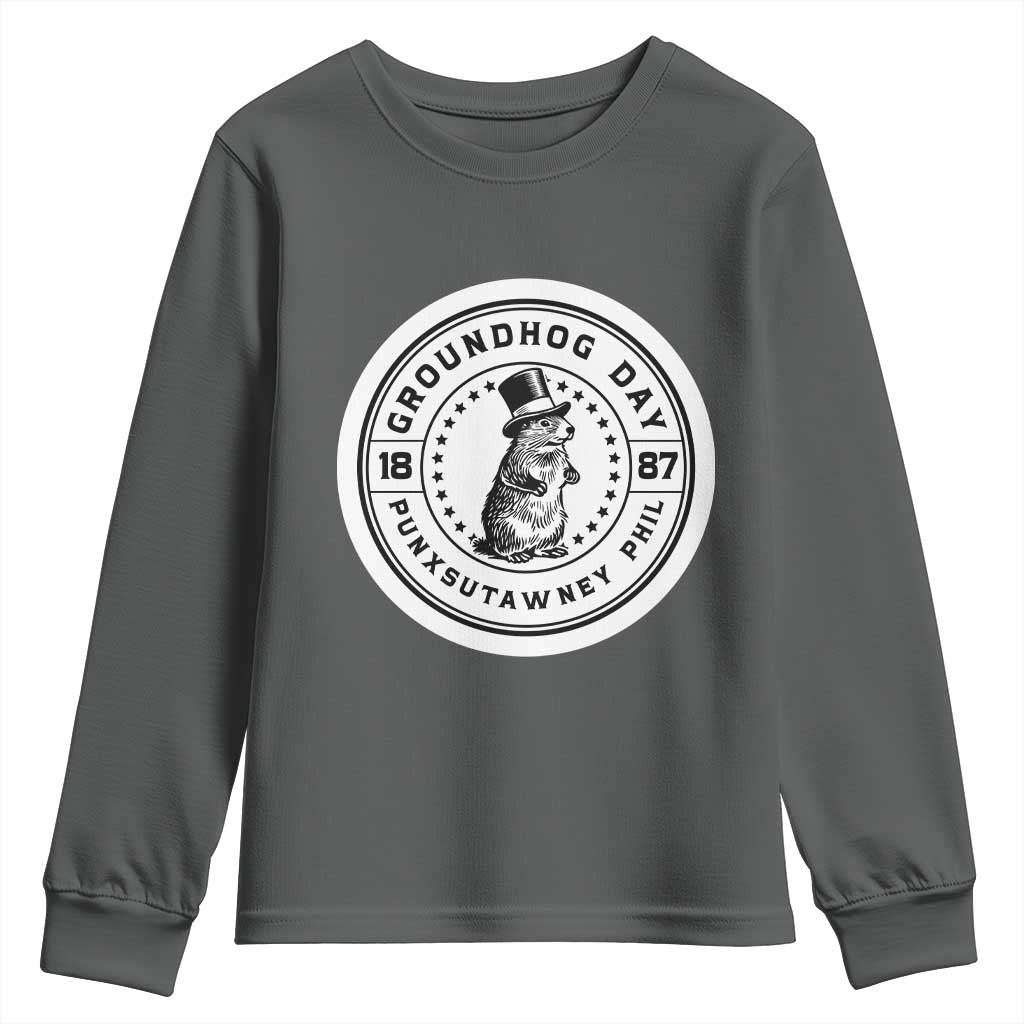 Punxsutawney Phil Groundhog Day Youth Sweatshirt Funny Woodchuck Day 1887 TS11 Dark Heather Print Your Wear