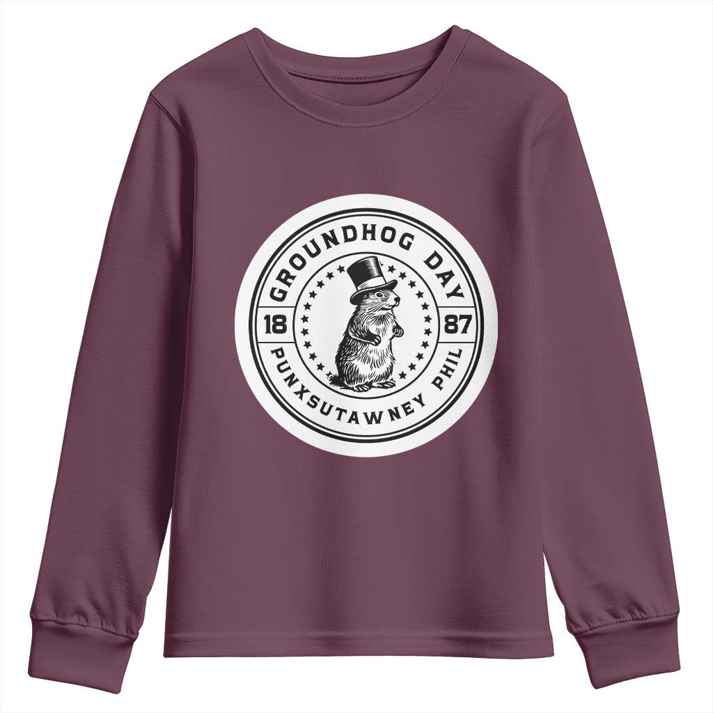 Punxsutawney Phil Groundhog Day Youth Sweatshirt Funny Woodchuck Day 1887 TS11 Maroon Print Your Wear