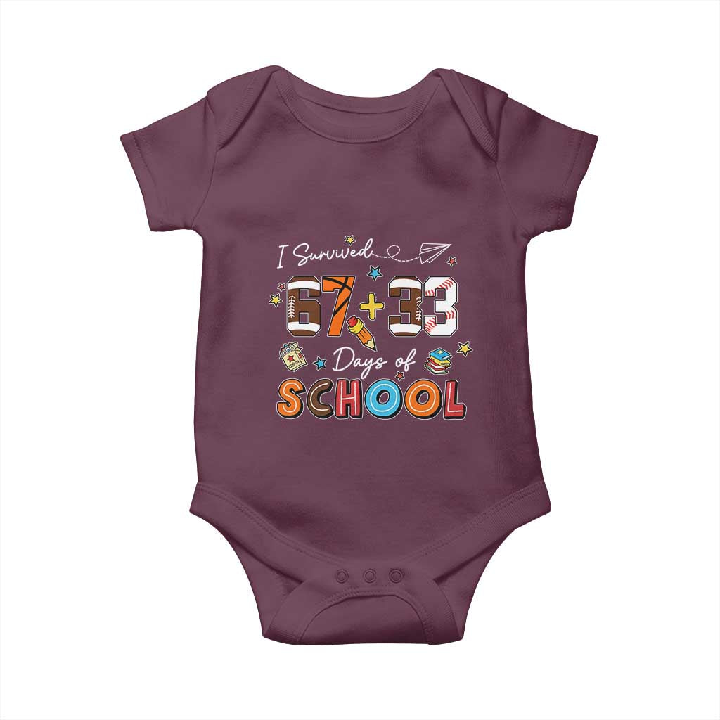 I Survived 67 33 Days Of School Baby Onesie Funny 100th Days of School 67 Sport Lover TS11 Maroon Print Your Wear