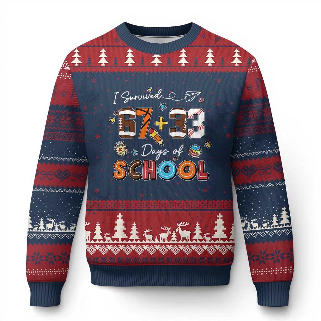 I Survived 67 33 Days Of School Ugly Christmas Sweater Funny 100th Days of School 67 Sport Lover - Print Your Wear