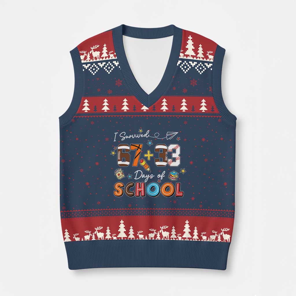 I Survived 67 33 Days Of School V-Neck Knit Sweater Vest Funny 100th Days of School 67 Sport Lover TS11 Navy Red Print Your Wear