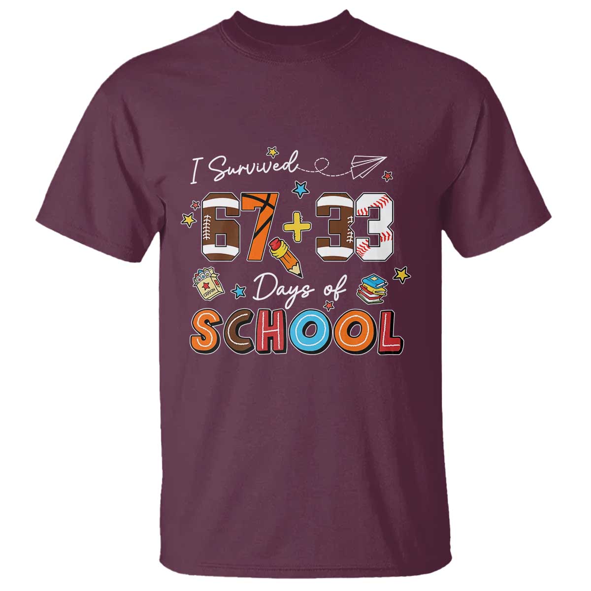 I Survived 67 33 Days Of School T Shirt Funny 100th Days of School 67 Sport Lover TS11 Maroon Print Your Wear