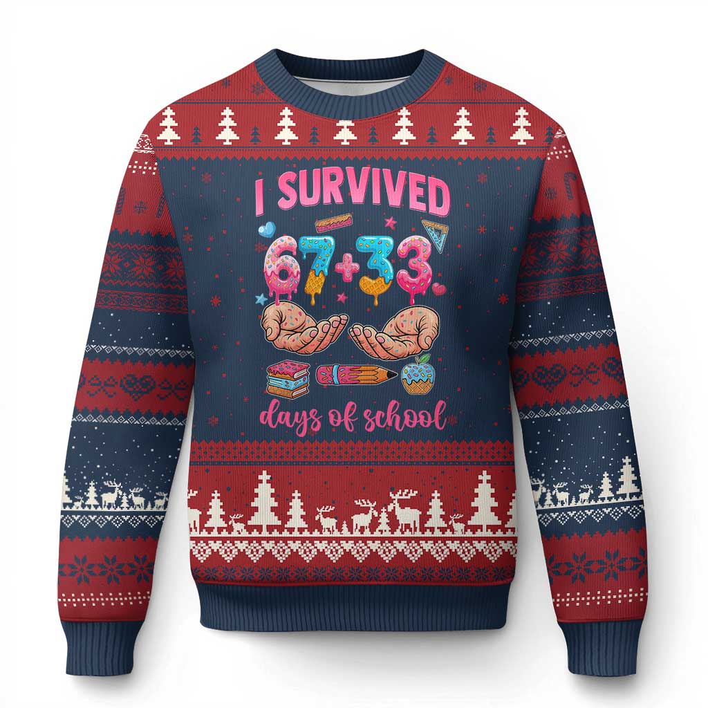 I Survived 67 33 Days Of School Ugly Christmas Sweater Funny 100 Days of School 67 Ice Cream Drip TS11 Navy Red Print Your Wear
