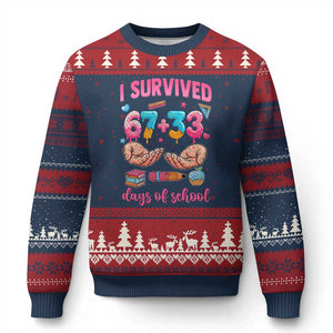 I Survived 67 33 Days Of School Ugly Christmas Sweater Funny 100 Days of School 67 Ice Cream Drip TS11 Navy Red Print Your Wear