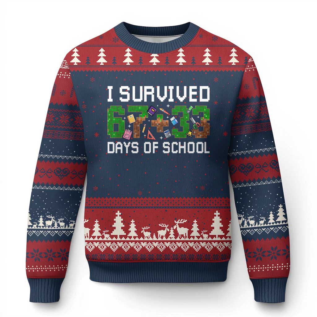 I Survived 67 33 Days Of School Ugly Christmas Sweater Funny 100 Days of School 67 Pixel Game TS11 Navy Red Print Your Wear
