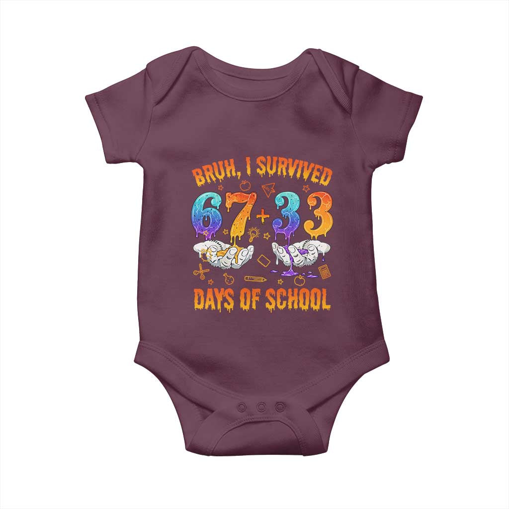Bruh I Survived 67 33 Days Of School Baby Onesie Funny 100th Days of School Teacher 67 Drip TS11 Maroon Print Your Wear