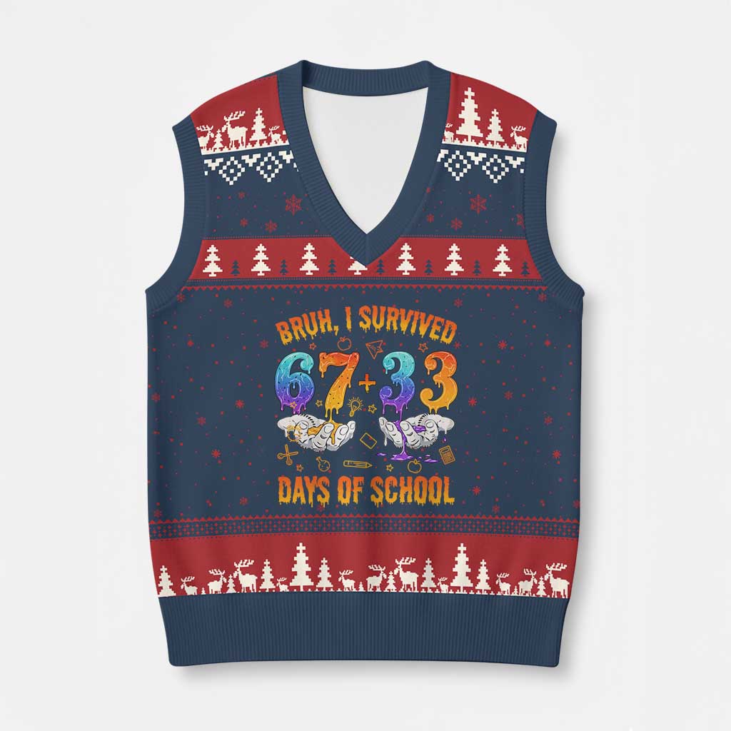Bruh I Survived 67 33 Days Of School V-Neck Knit Sweater Vest Funny 100th Days of School Teacher 67 Drip - Print Your Wear