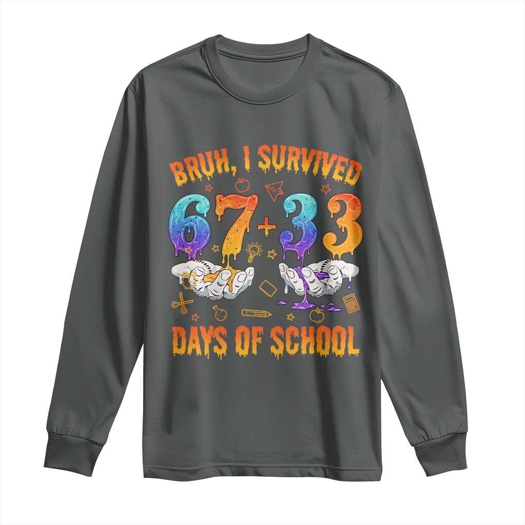 Bruh I Survived 67 33 Days Of School Long Sleeve Shirt Funny 100th Days of School Teacher 67 Drip TS11 Dark Heather Print Your Wear