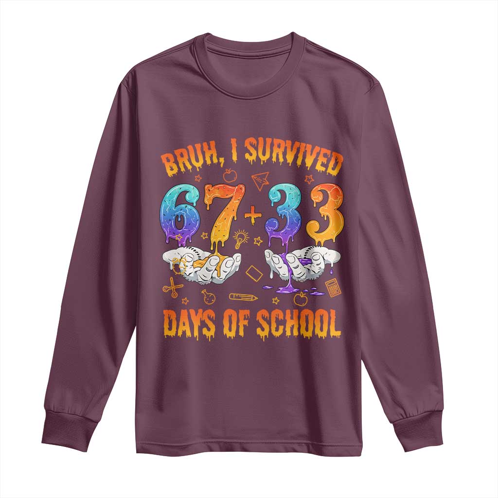 Bruh I Survived 67 33 Days Of School Long Sleeve Shirt Funny 100th Days of School Teacher 67 Drip TS11 Maroon Print Your Wear