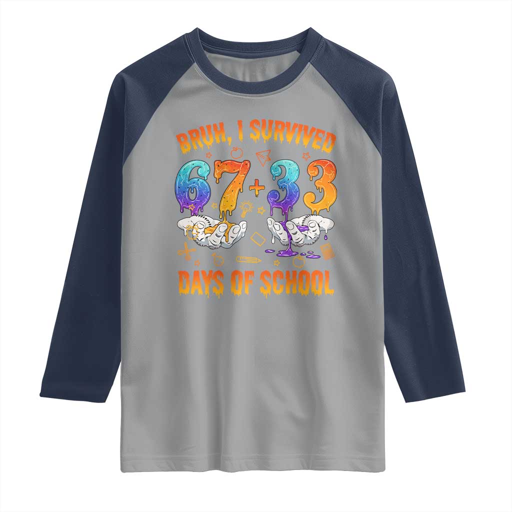 Bruh I Survived 67 33 Days Of School Raglan Shirt Funny 100th Days of School Teacher 67 Drip TS11 Sport Gray Navy Print Your Wear
