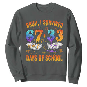 Bruh I Survived 67 33 Days Of School Sweatshirt Funny 100th Days of School Teacher 67 Drip TS11 Dark Heather Print Your Wear