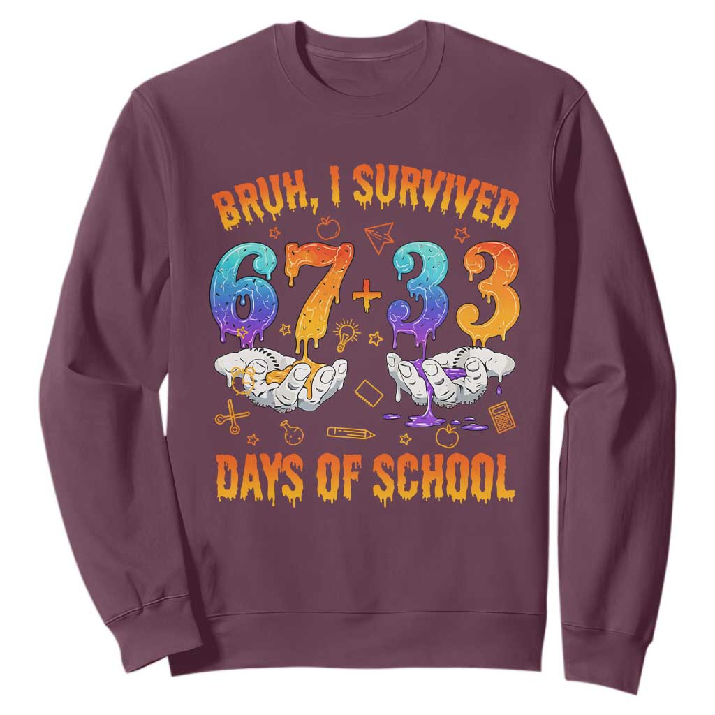 Bruh I Survived 67 33 Days Of School Sweatshirt Funny 100th Days of School Teacher 67 Drip TS11 Maroon Print Your Wear
