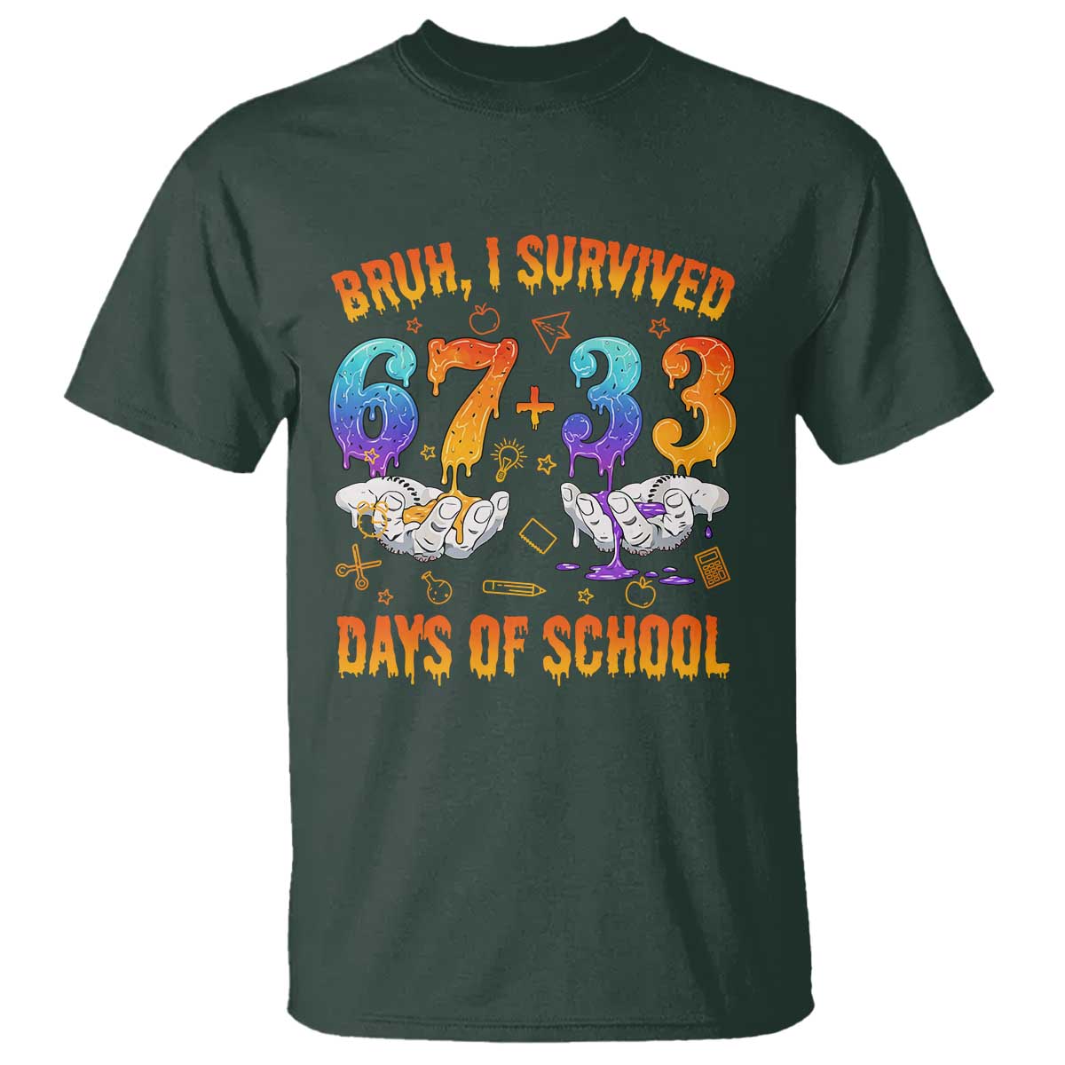 Bruh I Survived 67 33 Days Of School T Shirt Funny 100th Days of School Teacher 67 Drip TS11 Dark Forest Green Print Your Wear