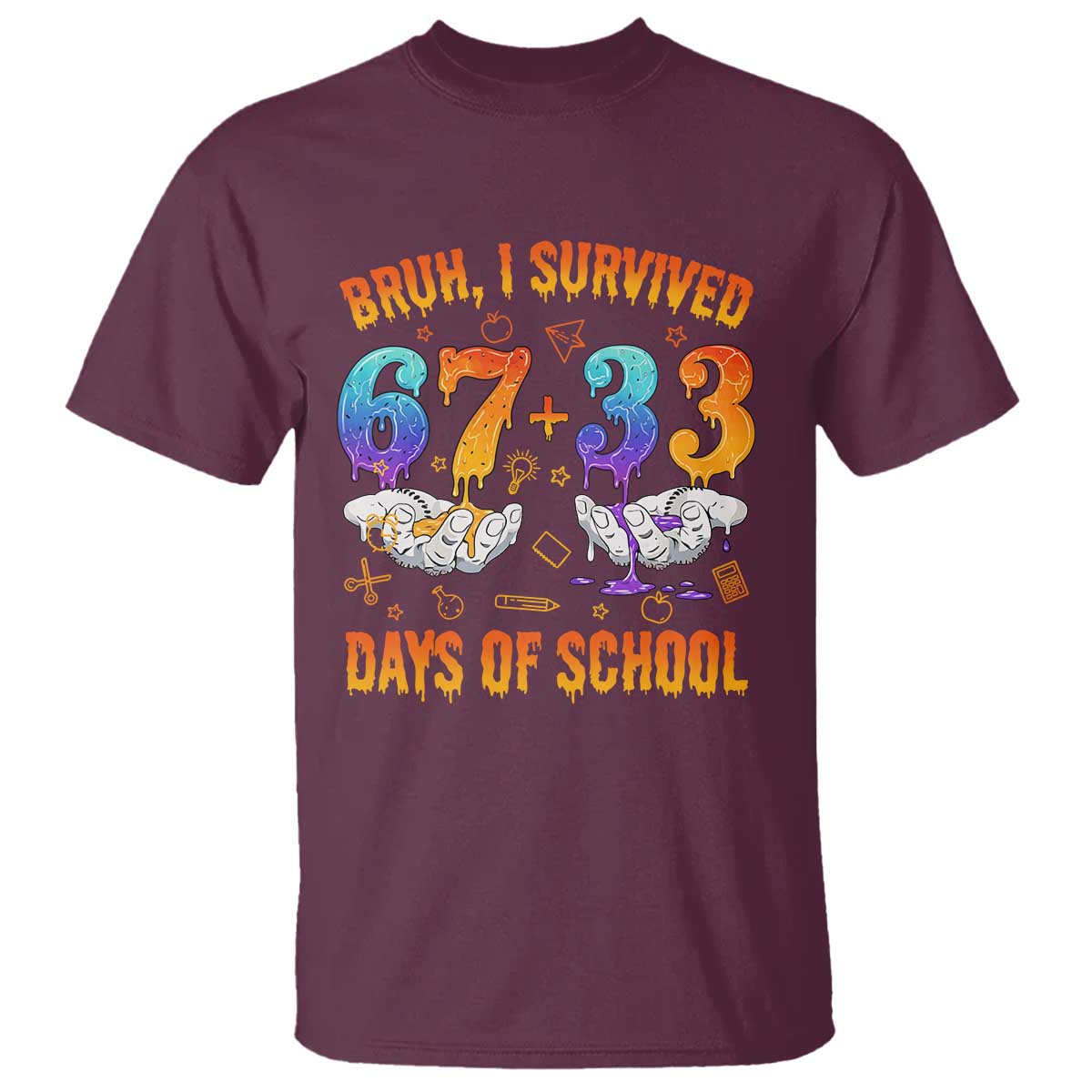 Bruh I Survived 67 33 Days Of School T Shirt Funny 100th Days of School Teacher 67 Drip TS11 Maroon Print Your Wear