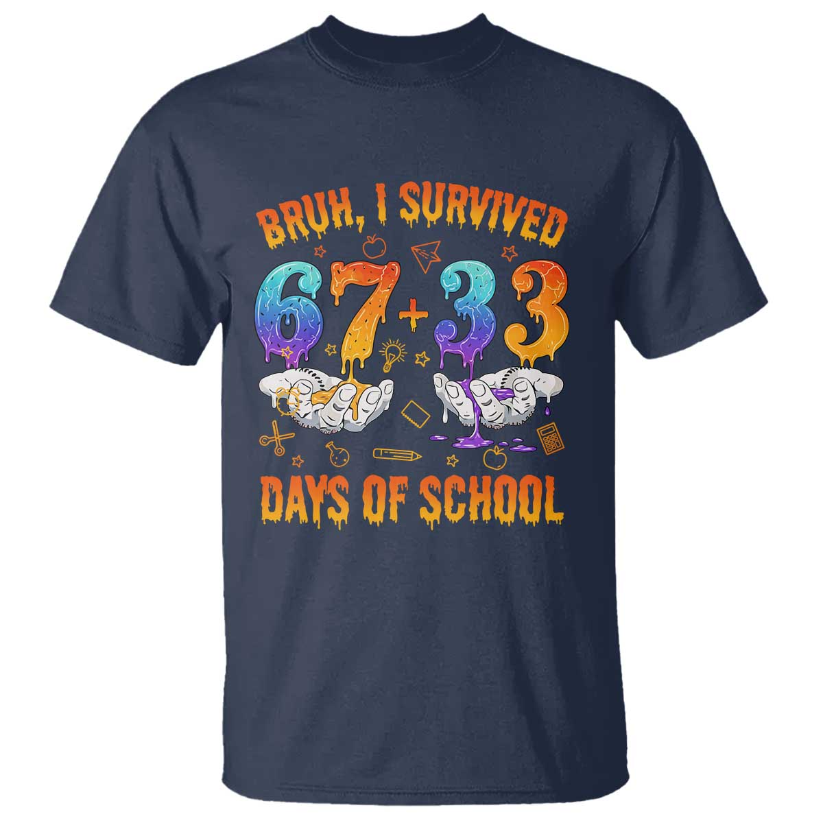 Bruh I Survived 67 33 Days Of School T Shirt Funny 100th Days of School Teacher 67 Drip TS11 Navy Print Your Wear