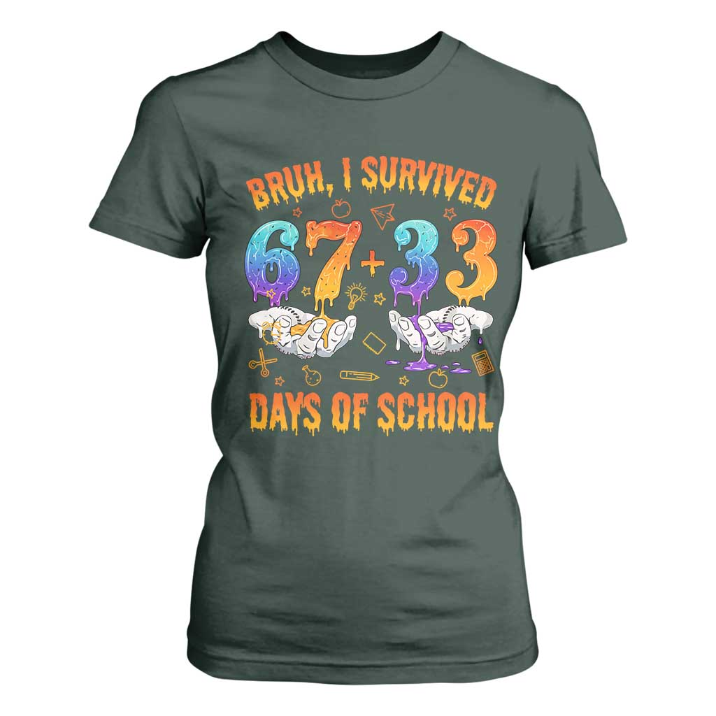 Bruh I Survived 67 33 Days Of School T Shirt For Women Funny 100th Days of School Teacher 67 Drip TS11 Dark Forest Green Print Your Wear