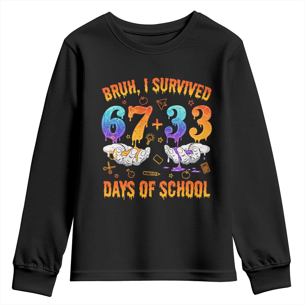 Bruh I Survived 67 33 Days Of School Youth Sweatshirt Funny 100th Days of School Teacher 67 Drip - Print Your Wear