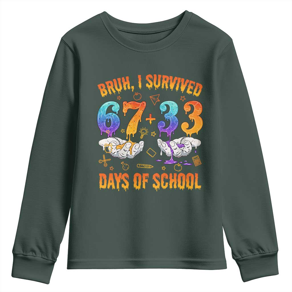 Bruh I Survived 67 33 Days Of School Youth Sweatshirt Funny 100th Days of School Teacher 67 Drip TS11 Dark Forest Green Print Your Wear