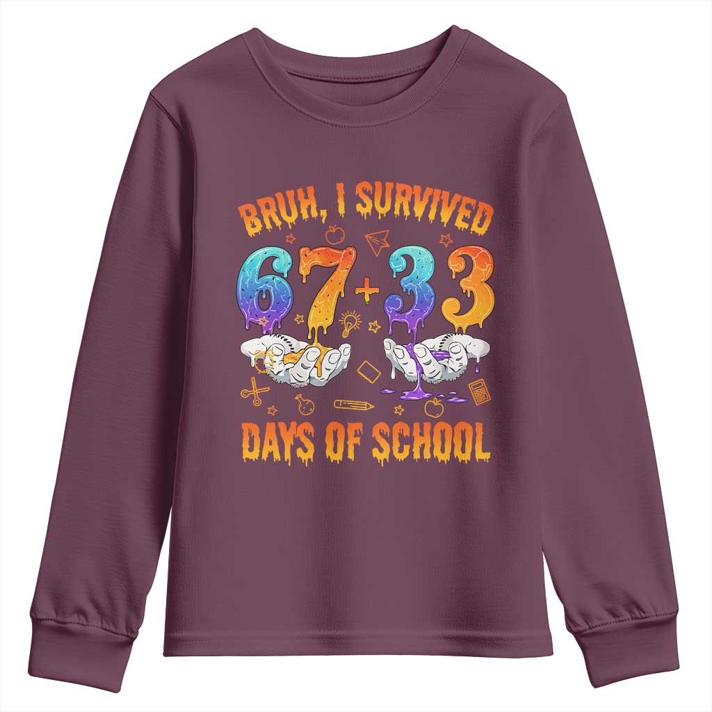 Bruh I Survived 67 33 Days Of School Youth Sweatshirt Funny 100th Days of School Teacher 67 Drip TS11 Maroon Print Your Wear