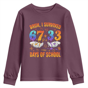 Bruh I Survived 67 33 Days Of School Youth Sweatshirt Funny 100th Days of School Teacher 67 Drip TS11 Maroon Print Your Wear