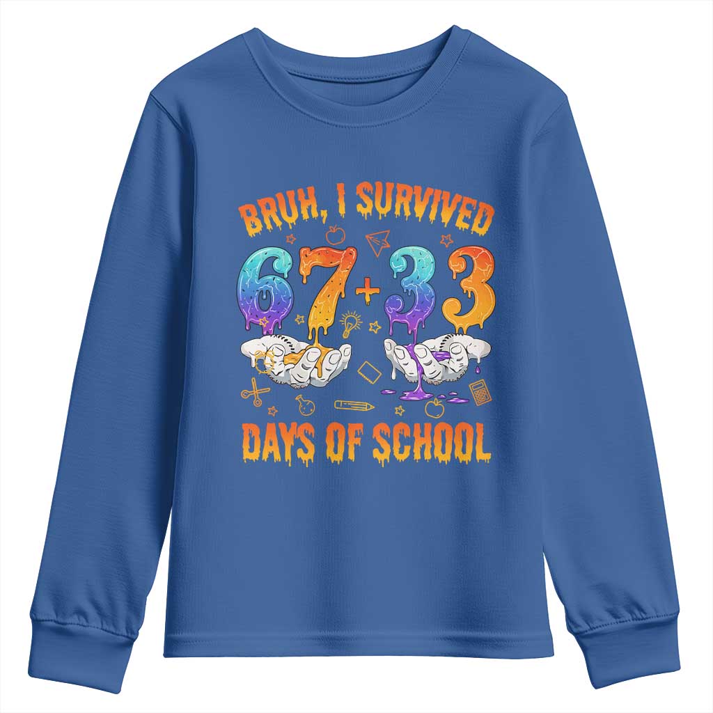 Bruh I Survived 67 33 Days Of School Youth Sweatshirt Funny 100th Days of School Teacher 67 Drip TS11 Royal Blue Print Your Wear
