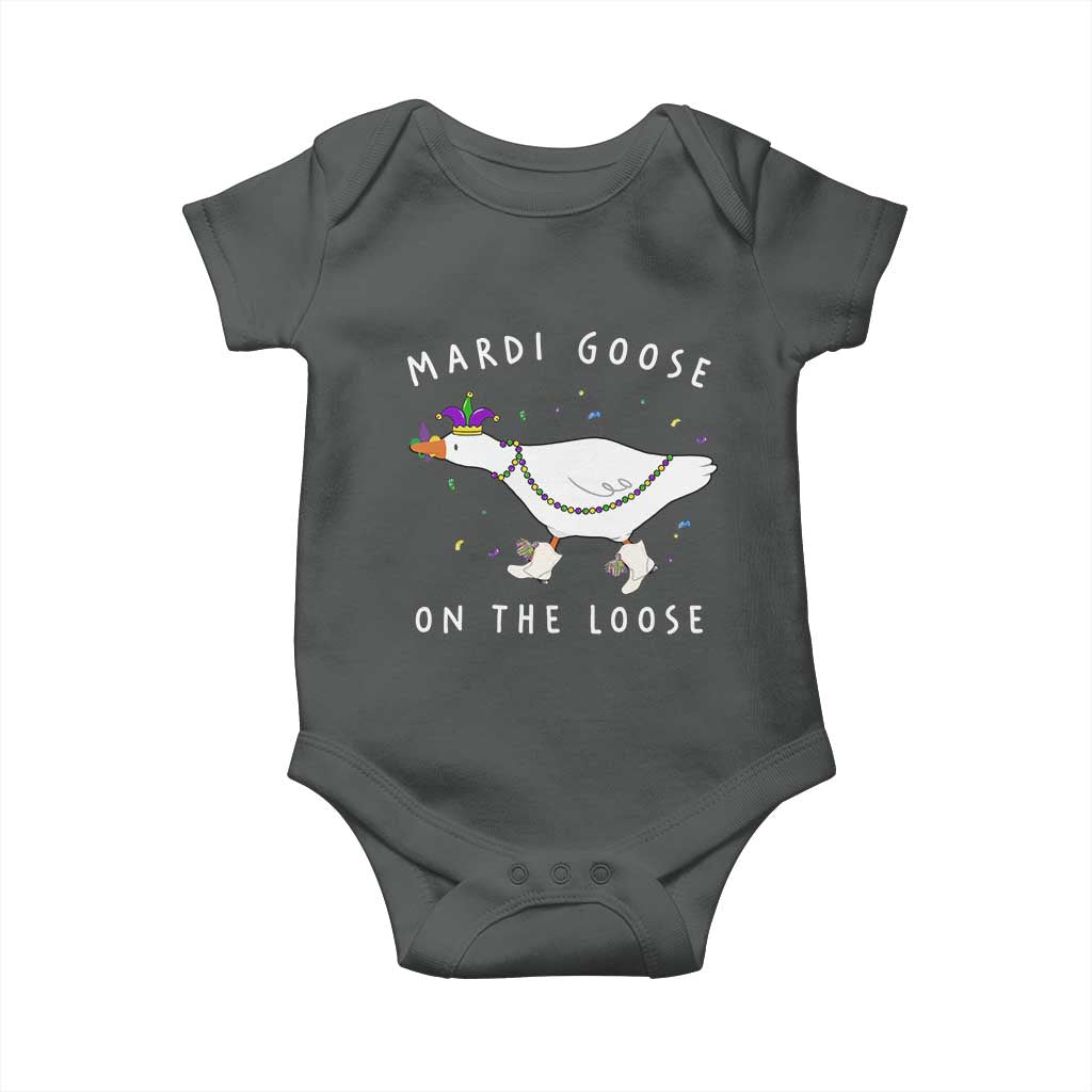 Mardi Goose On The Loose Baby Onesie Funny Mardi Gras Carnival Parade TS11 Dark Heather Print Your Wear