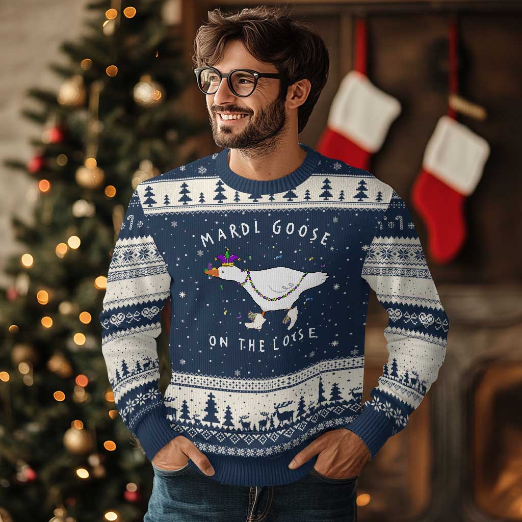 Mardi Goose On The Loose Ugly Christmas Sweater Funny Mardi Gras Carnival Parade TS11 Navy Beige Print Your Wear
