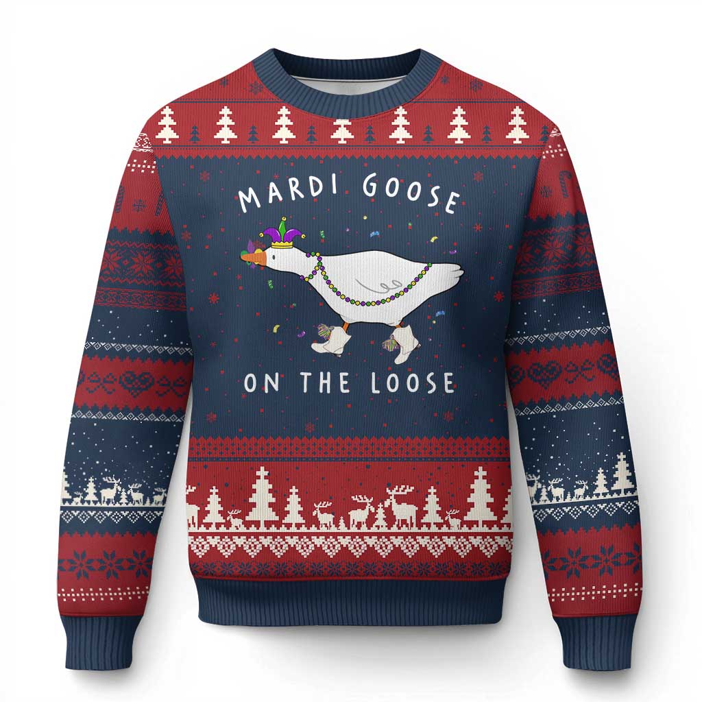 Mardi Goose On The Loose Ugly Christmas Sweater Funny Mardi Gras Carnival Parade TS11 Navy Red Print Your Wear