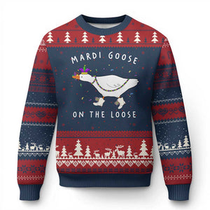 Mardi Goose On The Loose Ugly Christmas Sweater Funny Mardi Gras Carnival Parade TS11 Navy Red Print Your Wear