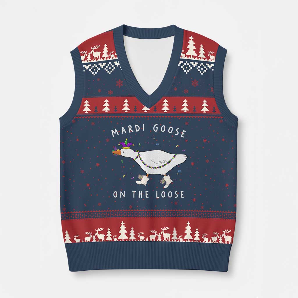 Mardi Goose On The Loose V-Neck Knit Sweater Vest Funny Mardi Gras Carnival Parade TS11 Navy Red Print Your Wear