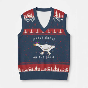 Mardi Goose On The Loose V-Neck Knit Sweater Vest Funny Mardi Gras Carnival Parade TS11 Navy Red Print Your Wear