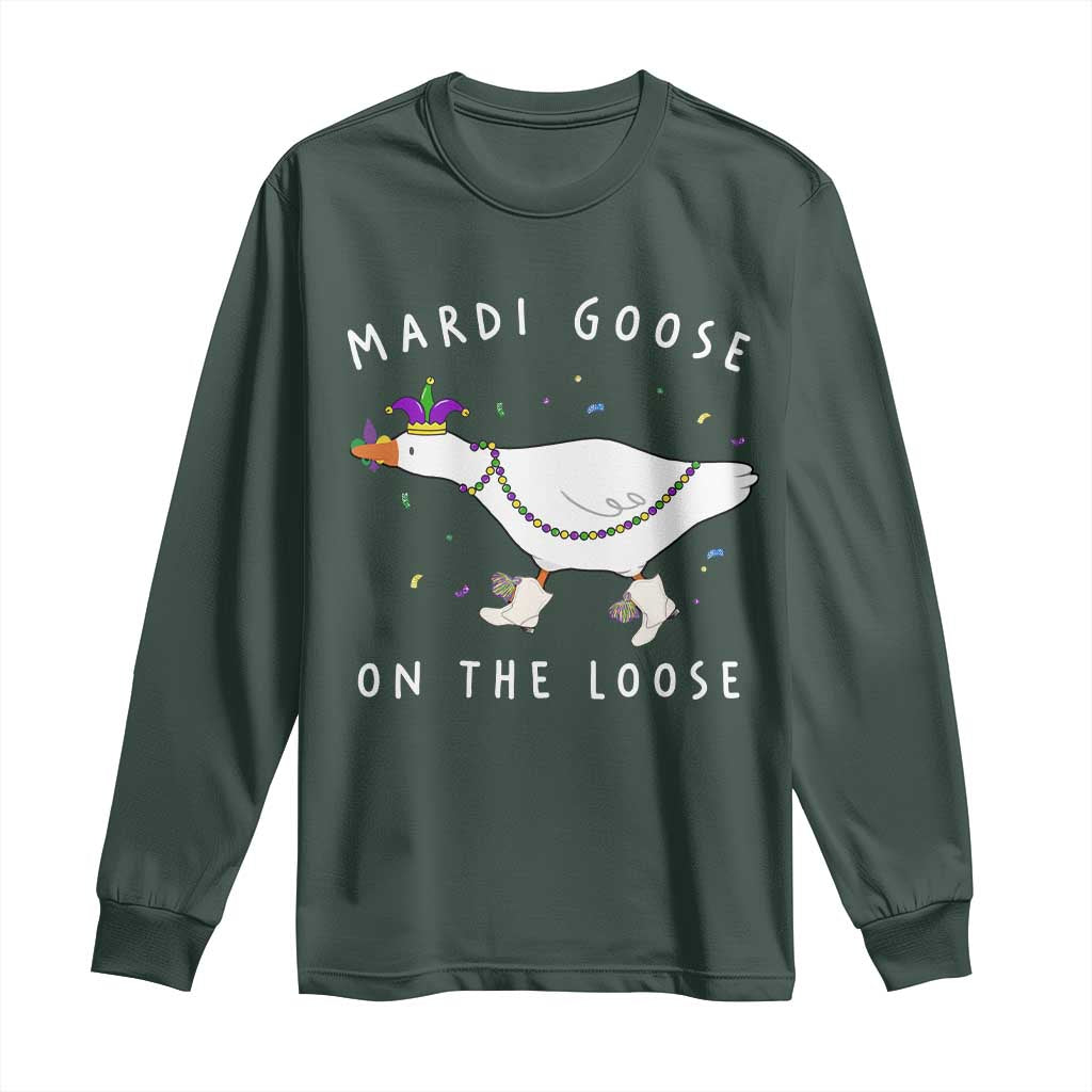 Mardi Goose On The Loose Long Sleeve Shirt Funny Mardi Gras Carnival Parade TS11 Dark Forest Green Print Your Wear