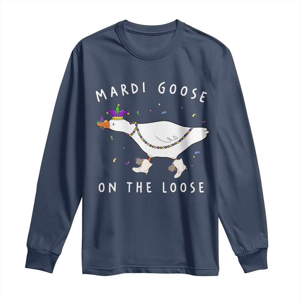 Mardi Goose On The Loose Long Sleeve Shirt Funny Mardi Gras Carnival Parade TS11 Navy Print Your Wear