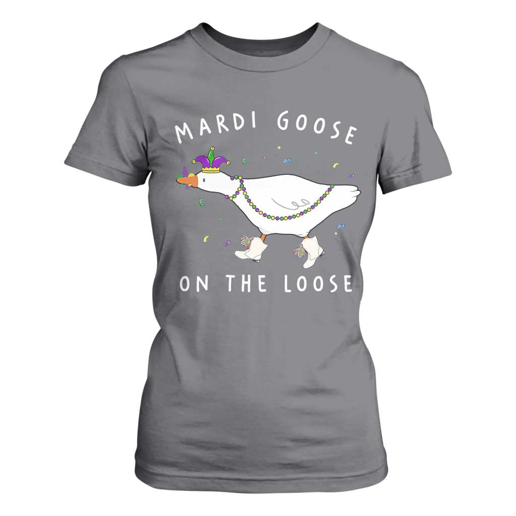 Mardi Goose On The Loose T Shirt For Women Funny Mardi Gras Carnival Parade TS11 Charcoal Print Your Wear
