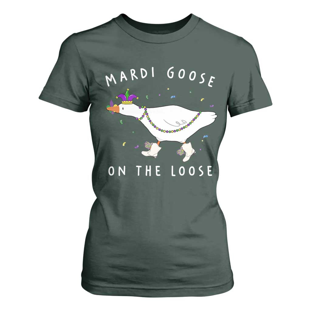 Mardi Goose On The Loose T Shirt For Women Funny Mardi Gras Carnival Parade TS11 Dark Forest Green Print Your Wear
