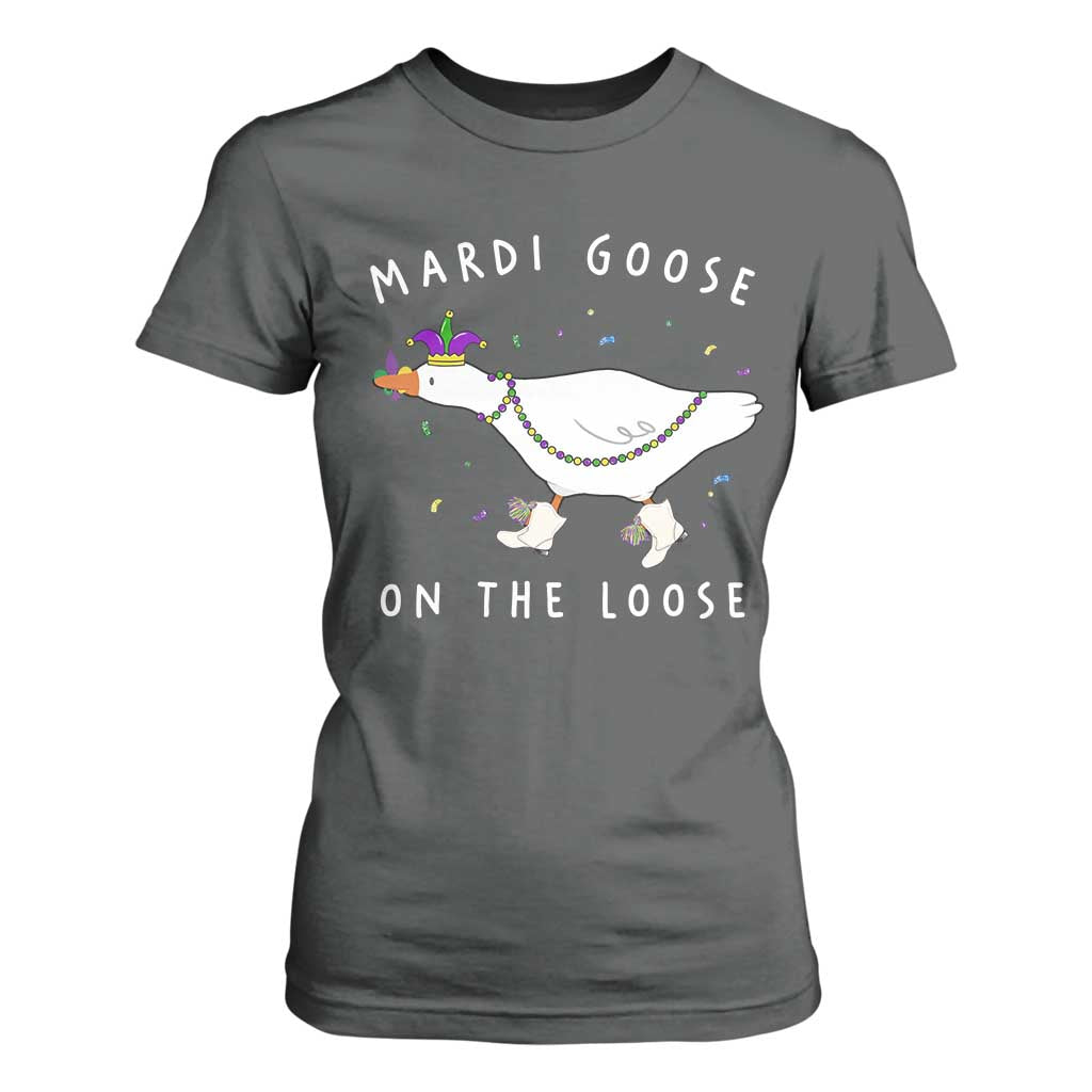 Mardi Goose On The Loose T Shirt For Women Funny Mardi Gras Carnival Parade TS11 Dark Heather Print Your Wear