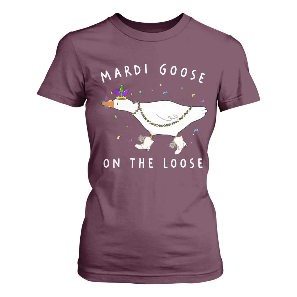 Mardi Goose On The Loose T Shirt For Women Funny Mardi Gras Carnival Parade TS11 Maroon Print Your Wear