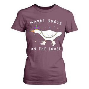 Mardi Goose On The Loose T Shirt For Women Funny Mardi Gras Carnival Parade TS11 Maroon Print Your Wear
